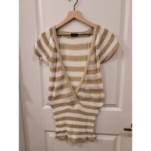 Wet Seal V Neck striped sweater tan and white